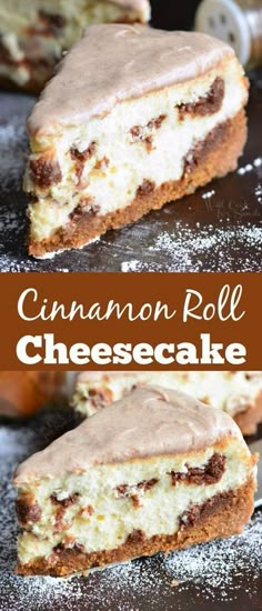 cinnamon roll cheesecake with chocolate frosting on top