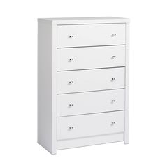 a white dresser with five drawers on it