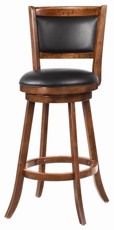 a wooden bar stool with black leather upholstered seat