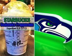 two photos one with a starbucks cup and the other with a seattle football logo on it