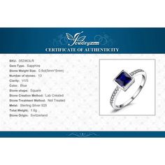 Square Created Blue Sapphire 925 Sterling Silver Ring Fine Jewelry Experience elegance with the Square Created Blue Sapphire 925 Sterling Silver Ring, crafted from solid S925 sterling silver, renowned for its strength and brilliant shine. This piece is not just about aesthetics; it is designed to be tarnish-resistant and hypoallergenic, ensuring comfort for all wearers. Specifications Gem Color: Blue Gem Cut: Square Material: Solid 925 Sterling Silver Metal Stamp: S925 Main Stone: Sapphire Weigh Silver Jewelry With Certificate Of Authenticity As Gift, Silver Sapphire Jewelry As Gift, Silver Jewelry With Lab-created Sapphire For Gift, White Gold Lab-created Sapphire Jewelry For Promise Ring, White Gold Rings With Certificate Of Authenticity For Gift, Fine Jewelry Rings With Certificate Of Authenticity As Gift, Classic Silver Jewelry With Lab-created Sapphire, Fine Jewelry With Certificate Of Authenticity As Gift, Fine Jewelry Gift With Certificate Of Authenticity