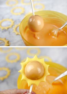 two pictures of an egg being dipped in caramel