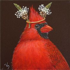 a painting of a red bird with flowers on it's head wearing a crown