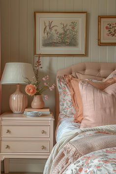 a bed room with a neatly made bed and two vases on the nightstand next to it