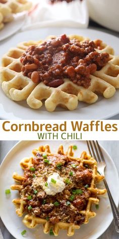 cornbread waffles with chili and sour cream on top are the perfect side dish