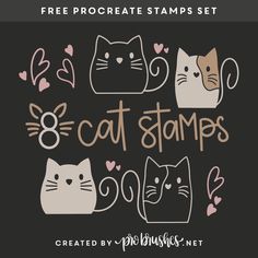 cat stamps with hearts and cats on the bottom, in pink and gray colors that say'free procreate stamps set '