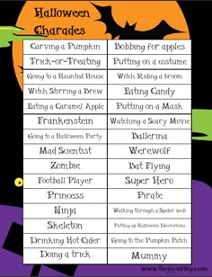 halloween characters and their names are shown in this printable list for the children's book