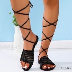 Lasaky - Strappy Sandals in Black with Rhinestones and Round Toe Style Black Strappy Shoes, Mesh Socks, Womens Gladiator Sandals, Elegant Heels, Strappy Shoes, Ankle Strap Flats, Black Luxury, Chunky Heels Sandals, Canvas Shoes Women