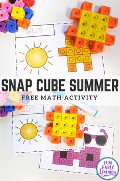 two pictures with legos and the words snap cube summer