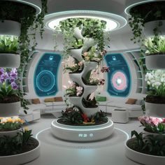 the interior of a futuristic planter with flowers and plants growing in it's center