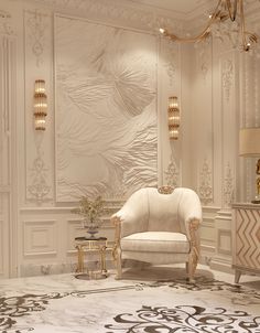 an elegant living room with white furniture and gold accents on the walls, along with a chandelier