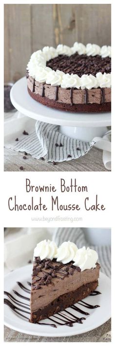 chocolate mousse cake on a white plate with the words brownie bottom, chocolate mousse cake