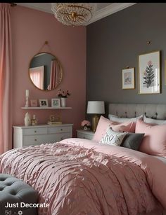 a bedroom with pink and gray decor