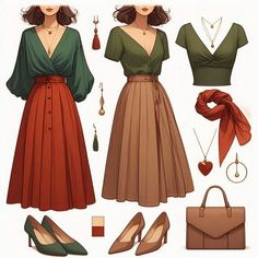 Autumn Colour Palette Fashion, Burnt Orange And Green Outfit, Emerald Green Shoes Outfit, How To Style Green Skirt, Caramel Skirt Outfit, Emerald Outfits For Women, Emerald Skirt Outfit, Outfits For Red Heads, Rust Color Outfits