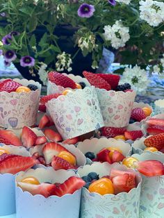 Paper cups filled with seasonal fruit Wildflower Birthday Party, Bridal Shower Inspo, Garden Baby Showers, Sprinkle Baby Shower, Summer Baby Shower