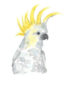 a watercolor painting of a white and yellow cockatoo with feathers on it's head