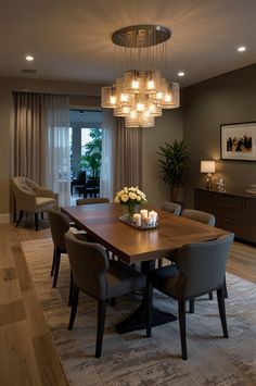 an elegant dining room with chandelier and table surrounded by chairs in front of a large window