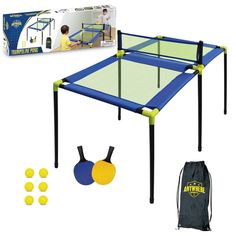 a blue and yellow table tennis set with balls