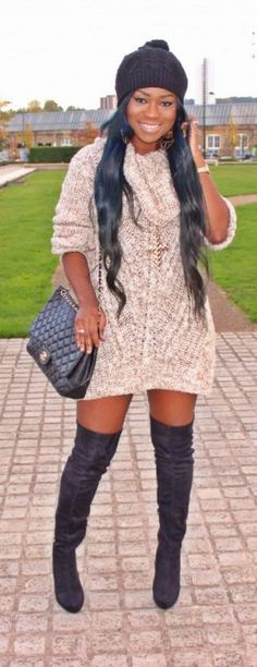 sweater dress with over the knee platform boots<3 #curvy     "if you like my curvy girl's fall/winter closet, make sure to check out my curvy girl's spring/summer closet."   http://pinterest.com/blessedmommyd/curvy-girls-springsummer-closet/pins/ Sweater Dress Outfit Plus Size, Beanie Outfit Women, Beanie Outfit, Outfit Plus Size, Sweater Dress Outfit, Knitted Dress, Comfy Sweaters, Curvy Girl Fashion, Leather Dresses