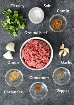 ingredients to make ground beef in small bowls on a gray background with text overlay