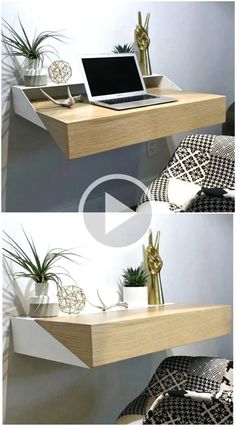 two pictures of a desk with a laptop on it and some plants in the middle