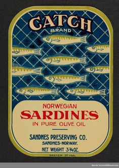 a label for norwegan sardines in pure olive oil, with fish on it