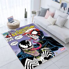 a living room area rug with a spiderman comic cover on the floor next to a couch