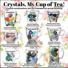 Tea Mixes, Crystal Combinations, Crystal Healing Chart, Spiritual Things, Crystal Guide, Witchcraft Spell Books, Witch Spell Book, Spiritual Crystals, Crystal Healing Stones