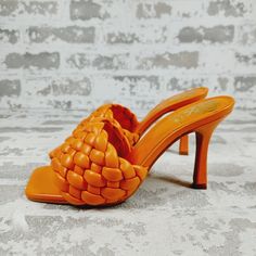 New Origin: Imported Sole Material: Synthetic Outer Material: Leather Closure Type: Slip On Leather: Material Sandal: - Heeled Slip On Closure Orange Leather Open Heel Mules, Orange Leather Sandals With Padded Heel, Orange High Heel Leather Mules, Orange Synthetic Heels With Heel Strap, Orange Synthetic Square Toe Heels, Orange Sandals With 4-inch Heel And Round Toe, Orange Open Toe Sandals With 4-inch Heel, Orange High Heel Synthetic Sandals, Orange Pointed Toe Synthetic Sandals