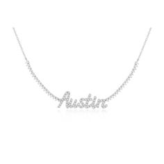 Luxe Diamond Script Name Necklace in 14k white gold with initials AUSTIN Anniversary Diamond Necklace With Chain, Fine Jewelry Name Necklace With Diamond Accents, Fine Jewelry Diamond Name Necklace, Personalized Diamond Necklace Fine Jewelry, White Gold Name Necklace With Diamond Accents, Fine Jewelry White Gold Diamond Name Necklace, Sterling Silver Name Necklace With Diamond Accents, Luxury Diamond Name Necklace With Accents, Luxury Diamond Accents Name Necklace