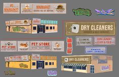 the front and side of a pet store with signs on it that say dry cleaners