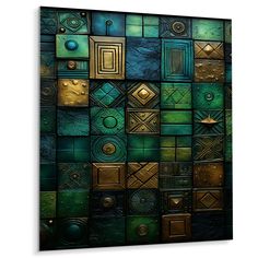 a green and gold abstract painting with squares, rectangles, and circles on it