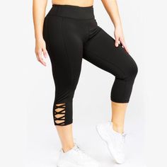 Black Plus Size Cross Me Pocket Capri – Runner Island® Cut Out Leggings, High Rise Style, No See, Ab Workouts, Fitness Challenge, Active Leggings