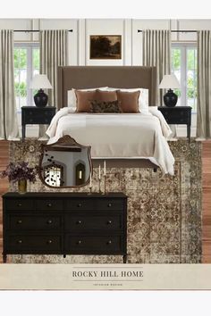 the bedroom is decorated in brown and white