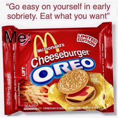 a bag of cheeseburger oreo chips with the caption, i'm eating clean to prep for summer also me