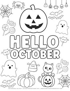 hello october coloring page with pumpkins, bats and ghost faces in black and white