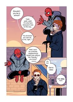 a page from the spider - man comic, with an image of two people talking to each