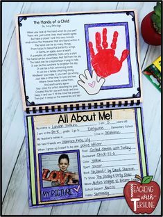 an all about me book with handprints on it