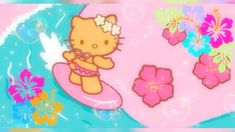 an image of hello kitty surfing in the ocean with flowers and butterflies on it's back