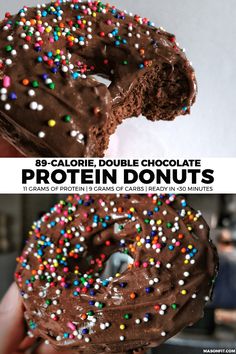 a chocolate donut with sprinkles on it and the words, be calorie double chocolate protein donuts