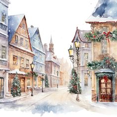 a watercolor painting of a street with christmas decorations