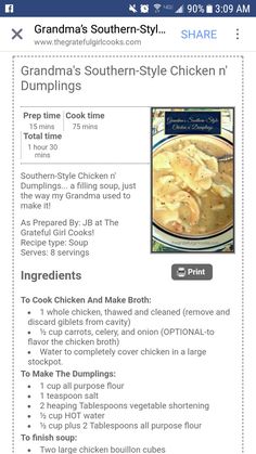 the grandma's southern style chicken n dumplings recipe is shown on an iphone