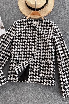 Fabric: Blended Size: one size Color; black Size: length 56 sleeve length 58 bust 100 waist 94 Casual Black Houndstooth Outerwear, Elegant Black Houndstooth Outerwear, Fitted Black Houndstooth Outerwear, Hong Kong Style, French Style, Lattice, Bell Sleeve Top, Hong Kong, Sleeve Length