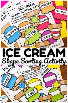 the ice cream shape sorting activity is shown with text on it and an image of two pieces