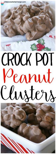 crock pot peanut clusters in a white bowl and on a red and white striped towel