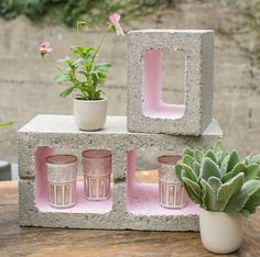 two cement blocks with pink glass cups and a potted plant