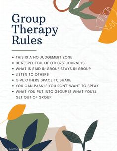 an advertisement for group therapy rules with flowers and leaves on the bottom right hand corner