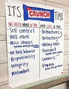 a white board with some writing on it's side next to a sign that says it's crunch