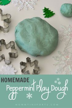 homemade peppermint play dough with snowflakes and christmas decorations in the background