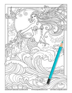 an adult coloring book with a mermaid and waves